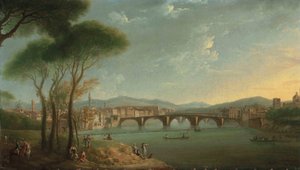 Arno का एक दृश्य, फ्लोरेंस, कैसिन गार्डन से, मछली पकड़ने के आंकड़े और अग्रभूमि में चट्टानों पर आराम करने के साथ, पोंटे अल्ला कैरीटा और पोंटे वेचियो से परे