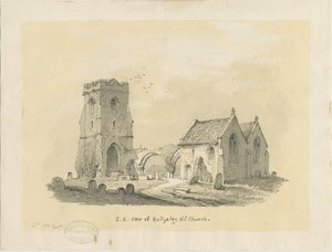 रुजेली चर्च (पुराना): टिंटेड पेपर पर सेपिया ड्राइंग, एनडी [1839] (ड्राइंग) द्वारा थॉमस पेप्लो लकड़ी