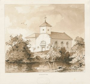 विगगिंटन चर्च: सीपिया वॉश ड्राइंग, 1841 द्वारा थॉमस पेप्लो लकड़ी