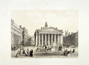 रॉयल एक्सचेंज और बैंक ऑफ इंग्लैंड बाईं ओर, लंदन, 1851