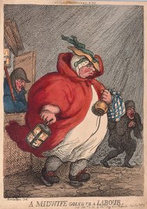 एक मिडवाइफ लेबर, पब में जा रही थी। 1811 (हाथ के रंग का उत्कीर्णन) द्वारा Thomas Rowlandson