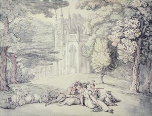 अग्रभूमि में बांधों और युवा सज्जनों के समूह के साथ एक कॉलेज ग्रीन, c.1810-15 (कागज पर पेंसिल से अधिक कलम और स्याही और वॉटरकलर) द्वारा थॉमस रोलैंड्सन