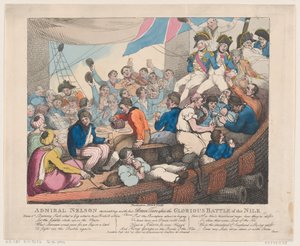 20 अक्टूबर, 1798 की शानदार लड़ाई के बाद एडमिरल नेल्सन अपने बहादुर टार्स के साथ फिर से तैयार हो रहे हैं। द्वारा थॉमस रोलैंड्सन