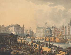 फेयगे बांध, एम्स्टर्डम में मछली बाजार के हिस्से के साथ, 1797। द्वारा थॉमस रोलैंड्सन
