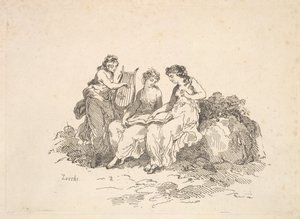सद्भाव - दो अप्सरा गायन, एक और बजाना एक गीत, 1784-88। द्वारा थॉमस रोलैंड्सन