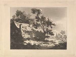 लेफ्ट के पेड़ों के बीच कॉटेज के साथ लैंडस्केप, और दायीं ओर 1783-84 में एक दूर का चर्च का शिखर। द्वारा थॉमस रोलैंड्सन