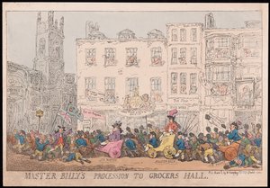 मास्टर बिली जुलूस ग्रॉसर्स हॉल, पब। 1784 (हाथ के रंग का उत्कीर्णन) द्वारा Thomas Rowlandson