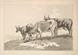 1784-87 में एक खेत की कटाई पर खड़ी तीन गायें। द्वारा थॉमस रोलैंड्सन
