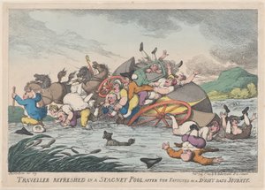 एक डस्टी की थकान के बाद एक स्टैगनेट पूल में तरोताजा यात्री..., 1 फरवरी, 1809। द्वारा थॉमस रोलैंड्सन