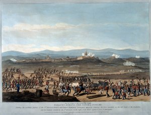 बैजोज़ जून 1811 की घेराबंदी के दौरान, चार्ल्स टर्नर द्वारा उत्कीर्ण &39;स्पेन और पुर्तगाल में अभियान के प्रमुख अवसरों की एक श्रृंखला से प्लेट 4, 1812 (एक्वाटिंट) प्रकाशित