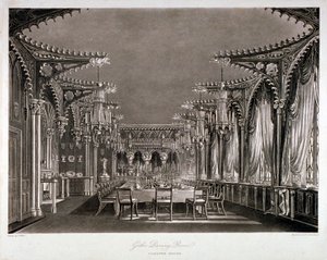 कार्लटन हाउस, वेस्टमिंस्टर, लंदन, 1819 में गॉथिक डाइनिंग रूम का आंतरिक दृश्य द्वारा थॉमस सदरलैंड
