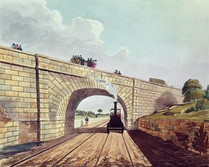 रेनहिल ब्रिज, लिवरपूल और मैनचेस्टर रेलवे से प्लेट 12, हेनरी पायल (1795-1833), द्वारा उत्कीर्ण पब। एकरमैन und कं, 1833 द्वारा