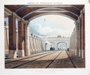 हेम्पस्टेड रोड ब्रिज के नीचे से देखा गया, जो Euston Square, 1837 में स्टेशन की ओर देख रहा है (हाथ से बने हुए चित्र) द्वारा थॉमस टैलबोट बरी