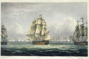 21 अक्टूबर, 1805 को ट्राफलगर की लड़ाई में यूरालस और एचएमएस टेमियरे द्वारा लहराए गए फ्रांसीसी लाइन के लिए नौकायन एचएमएस विजय, &39;द नेवल क्रोनोलॉजी ऑफ ग्रेट ब्रिटेन&39; के लिए टी। सदरलैंड द्वारा उत्कीर्ण किया गया