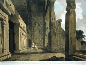साल्सेट द्वीप पर एक उत्खनन मंदिर का पोर्टिको, 'ओरिएंटल सीनरी: ट्वेंटी फोर व्यूज़ इन हिंदोस्तान' से प्लेट 55, 1799 में प्रकाशित (कलर लिथो) (195050 देखें) द्वारा थॉमस और विलियम डेनियल
