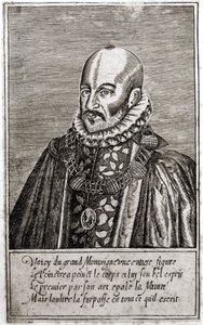फ्रांसीसी लेखक मिशेल डी मोंटगेन (1533-1592) का पोर्ट्रेट। थॉमस डी ल्यू द्वारा उत्कीर्णन। (1560-1612)।