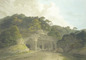 एलिफेंटा गुफा के लिए प्रवेश द्वार, &39;ओरिएंटल सीन: ट्वेंटी फोर व्यूज़ इन हिंदोस्तान&39; से प्लेट 58, प्रकाशित 1800 द्वारा थॉमस और विलियम डेनियल
