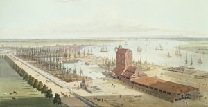 ब्लैकवेल में मास्ट हाउस और ब्रंसविक डॉक, 1803 (एक्वाटिंट) द्वारा थॉमस और विलियम डेनियल