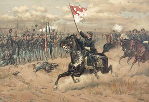 1864 में सीडर क्रीक वर्जीनिया की लड़ाई में शेरिडन की प्रसिद्ध सवारी (रंग लिथो) द्वारा थ्योर डे थुलस्ट्रुप