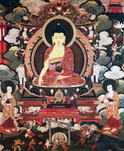 बुद्ध अपने दो महान शिष्यों कारिपुत्र और मौदगल्यायन के बीच बैठे, बुद्ध शाक्यमुनि के जीवन, तिब्बती सभ्यता के दृश्य द्वारा तिब्बती स्कूल