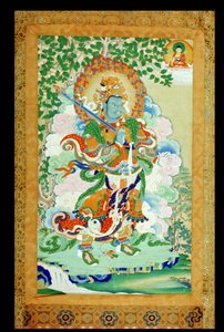 दक्षिण, तिब्बती, 19 वीं सदी के अभिभावक विरुधका (पाग चे पो) को चित्रित करने वाली थंगका पेंटिंग द्वारा तिब्बती स्कूल