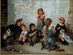 रोमांचकारी मार्ग बच्चे किताब सुनते हुए। टिमोलियन लोब्रिचोन (1831-1914) द्वारा 19वीं सदी की पेंटिंग। निजी संग्रह
