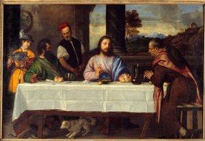 एम्मॉस में रात्रिभोज पेलेरिन के साथ यीशु से मिलें। Tiziano Vecellio dit le Titian (1485-1576) द्वारा 16वीं सदी के सूर्य की पेंटिंग। 1,69x2,44 वर्ग मीटर द्वारा टिटियन (c.1488-1576)
