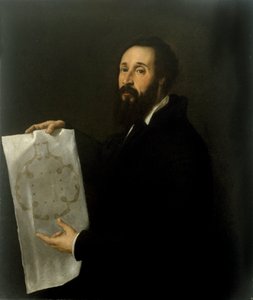 वास्तुकार Giulio Pippi de 'Jannuzzi dit Giulio Romano (जूल्स रोमानो) (1499-1546) का पोर्ट्रेट वह एक परियोजना की योजना को हाथ में रखता है। टिज़ियानो वेसेलियो द्वारा पेंटिंग को टिटियन (1490-1576) 1536-1538 मंद कहा जाता है। 102x87 सेमी मंटोवा (मंटोवा), म् द्वारा टिज़ियानो वेकेली