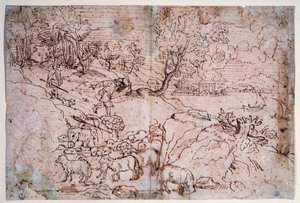 भेड़ के साथ परिदृश्य का अध्ययन द्वारा टिटियन (c.1488-1576)