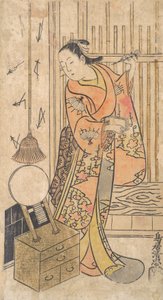 मिरर स्टैंड के पास खड़ी महिला के रूप में अभिनेता, सीए। 1735.