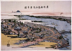 पूर्वी राजधानी (ईदो) में किन्रुज़ान सेंसो-जी मंदिर c.1820 (वुडब्लॉक प्रिंट) द्वारा टोयोटा होकेई