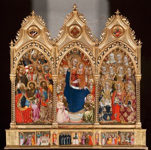 वर्जिन से सेंट बार्थोलोम्यू के जीवन के साथ प्रेडेला और स्वर्गदूतों और संतों से घिरे बच्चे (पैनल पर तेल)