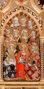 संत महिलाएं, वर्जिन से और स्वर्गदूतों और संतों से घिरे बच्चे (पैनल पर तेल