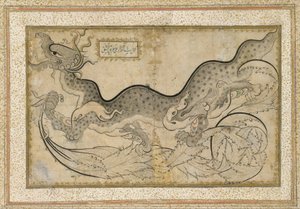 &39;साज़-स्टाइल ड्रॉइंग ऑफ़ द ड्रैगन एमिड फ़ॉलेज, c.1540-50 (स्याही, अपारदर्शी पानी के रंग और कागज पर सोना) द्वारा तुर्की स्कूल
