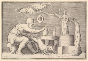 एक Faun या Satyr बलिदान के लिए एक सुअर तैयार करना, प्रकाशित ca. 1599-1622। द्वारा अज्ञात