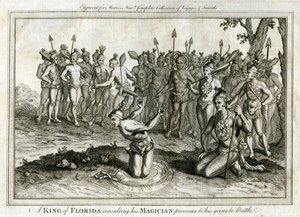 फ्लोरिडा के एक राजा ने अपने जादूगर से युद्ध में जाने से पहले परामर्श किया, c1760 द्वारा अज्ञात