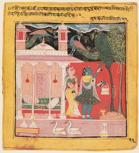 मोर लेडीज के साथ एक लेडी प्लकिंग फूल, मल्कों की गनकली रागिनी, चावंड रागमाला, 1605 से। द्वारा अज्ञात