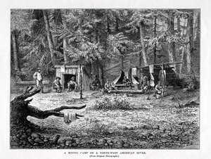 1877 में उत्तर-पश्चिम अमेरिकी नदी पर एक खनन शिविर द्वारा अज्ञात