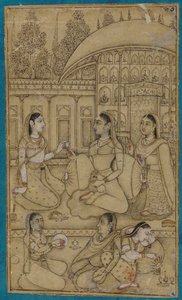 18वीं सदी की शुरुआत में एक महिला और परिचारक एक आंगन में बैठे थे। द्वारा अज्ञात