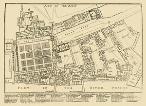 व्हाइटहॉल के रॉयल पैलेस के फिशर्स ग्राउंड प्लान की एक कम प्रतिलिपि, 1680, 1881। द्वारा अज्ञात