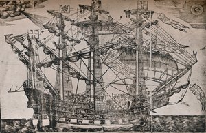 एक जहाज का एक लकड़हारा जिसे द आर्क रॉयल, c1587 माना जाता है द्वारा अज्ञात