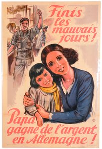बुरे दिनों का अंत! पिताजी जर्मनी में पैसा कमाते हैं !, फ्रेंच पोस्टर, 1943