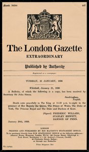 द लंदन गजट द्वारा एक असाधारण बुलेटिन किंग जॉर्ज पंचम 1865-1936 की मृत्यु की घोषणा की गई द्वारा अज्ञात