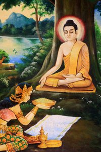 तपस्वी बुद्ध को उनके ज्ञानोदय की सुबह नंदबाला द्वारा दूध-चावल के भोजन का कटोरा दिया गया था। शाक्यमुनि बुद्ध की जीवन गाथा को दर्शाती पेंटिंग। वाट ओंग तेउ महाविहान। भारी बुद्ध का मंदिर। वेंटियन। लाओस, 20151028, वियनतियाने, लाओस द्वारा अज्ञात