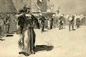 ब्रूनहिल्ड, द वारियर-क्वीन, हर्ल्स हिअर हियर हिअर स्पीयर एट गुंथर शील्ड, 1882। द्वारा अज्ञात