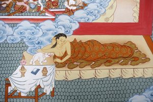 एक सफेद हाथी का सपना देख बुद्ध की माँ। थंगका, भक्तपुर, नेपाल द्वारा अज्ञात