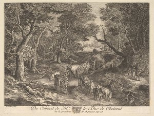 1771 में डक डी चोईसेउल के संग्रह में एक पेंटिंग के बाद वुड्स के माध्यम से एक पथ पर गाड़ियां। द्वारा अज्ञात