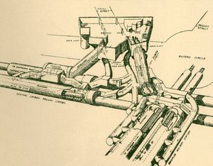 ऑक्सफोर्ड सर्कस, 1930 में न्यू ट्यूब स्टेशन का आरेख। द्वारा अज्ञात