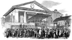 लंदन, 1852 में वेस्टमिंस्टर चुनाव के दौरान कोवेंट गार्डन में चुनावी हलचल द्वारा अज्ञात