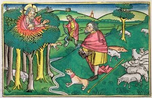 निर्गमन 3:1-22 और 4:1-4: जलती हुई झाड़ी और परमेश्वर ने मूसा को चमत्कारी छड़ी से सुसज्जित किया द्वारा अज्ञात